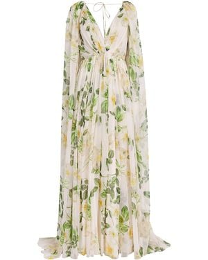 Monique Lhuillier Silk Cape-Sleeve Floral Gown - Metallic