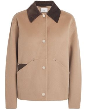 Claudie Pierlot Wool-Blend Corduroy-Trim Coat - Natural
