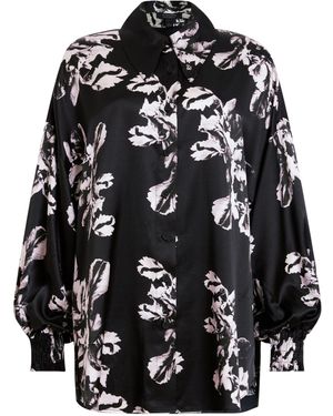 AllSaints Oversized Satin Floral Balloon-Sleeve Shirt - Black