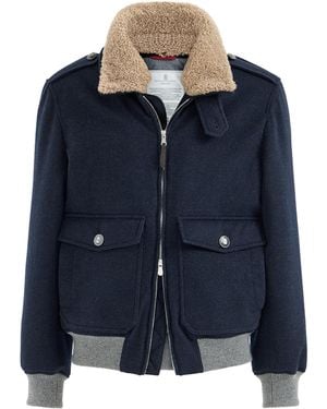 Brunello Cucinelli Bonded Cashmere Beaver Cloth Bomber Jacket With Thermore Padding And Detachable Shearling Collar - Blue