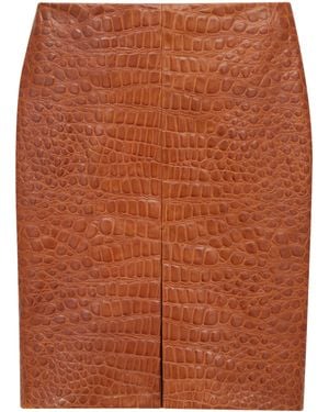 Saint Laurent Leather Croc-Embossed Mini Pencil Skirt - Brown