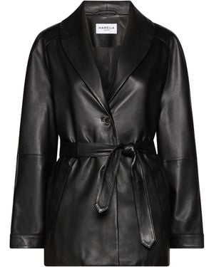 Marella Longline Belted Leather Jacket - Black