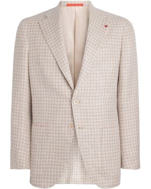 Isaia Linen-Wool-Silk Check Blazer - Natural
