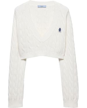 Prada Cotton Cable-Knit Logo Jumper - White