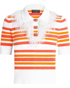 Dolce & Gabbana Feather-Trim Stripe Polo Shirt - Orange