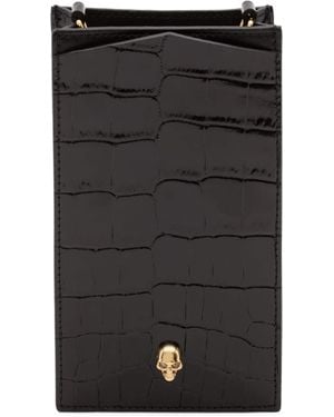 McQueen Skull-Embellished Croc-Embossed Leather Phone Case - Black