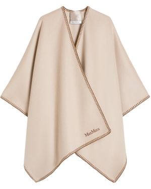 Max Mara Virgin Wool Logo Cape And Belt - Natural