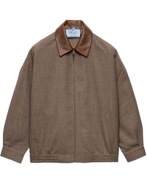Prada Wool Houndstooth Leather-Collar Jacket - Brown