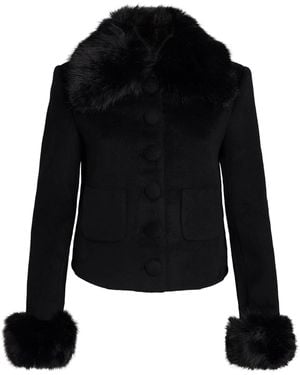 Self-Portrait Wool-Blend Faux Fur-Trim Jacket - Black
