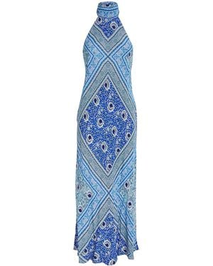 RIXO London Satin Printed Maura Midi Dress - Blue