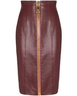 Balmain Lambskin Zip-Up Pencil Skirt - Red
