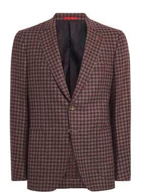 Isaia Wool-Cashmere-Silk Houndstooth Capri Blazer - Brown