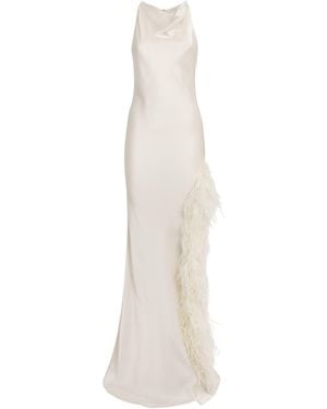 LAPOINTE Satin Feather-Trim Halterneck Gown - White