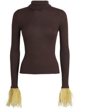 La DoubleJ Cashmere-Silk Feather-Trim Sweater - Brown