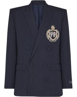 Balmain Wool Crystal-Embellished Emblem Blazer - Blue