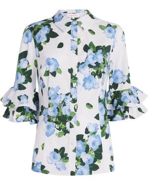 Carolina Herrera Rose Print Ruffle-Sleeve Shirt - Blue