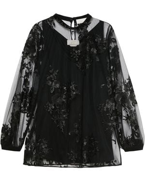 Marina Rinaldi Embellished Sheer Layered Blouse - Black