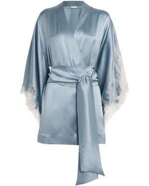 Carine Gilson Silk Lace-Trim Short Kimono Robe - Blue