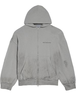 Balenciaga Distressed Logo Zip-Up Hoodie - Grey