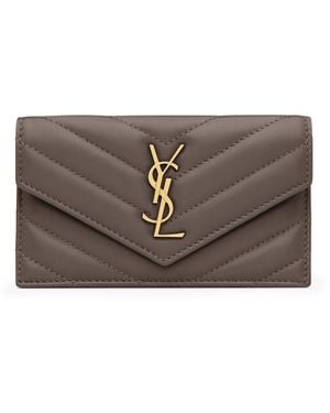 Saint Laurent Leather Cassandre Fragments Flap Card Holder - Brown