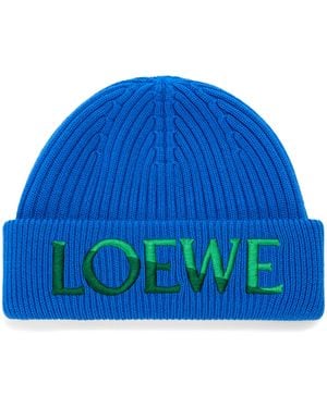 Loewe Wool Ribbed Logo Beanie - Blue