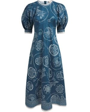 ALÉMAIS Linen Printed Lucky Midi Dress - Blue