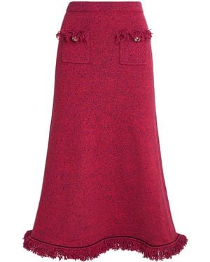 Self-Portrait Knitted Frayed Midi Skirt - Red
