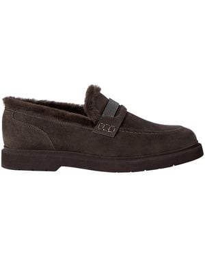 Brunello Cucinelli Suede-Shearling Penny Loafers - Brown