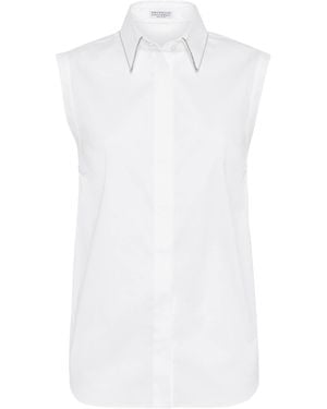 Brunello Cucinelli Cotton-Blend Poplin Sleeveless Shirt - White