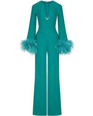 Valentino Garavani Silk Feather-Trim Jumpsuit - Green