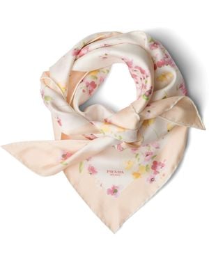 Prada Silk Floral Print Scarf - Natural