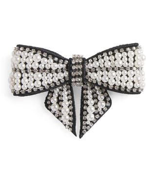 Self-Portrait Velvet Pearl-Crystal Bow Hair Clip - Black