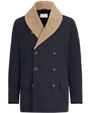 Brunello Cucinelli Shearling-Trim Water-Resistant Overcoat - Blue