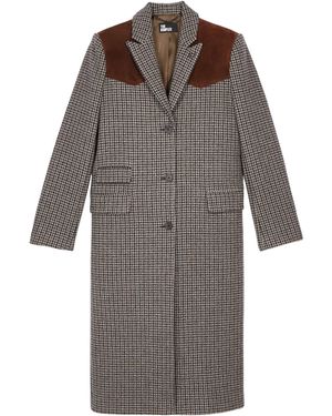 The Kooples Suede-Trim Houndstooth Coat - Grey