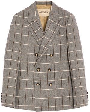 Valentino Garavani Virgin Wool Windowpane Check Double-Breasted Blazer - Grey