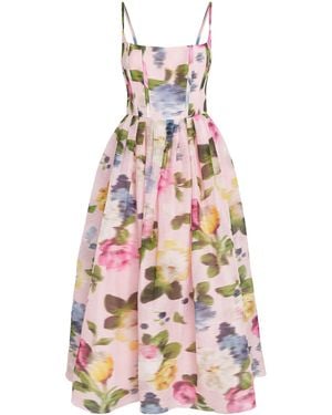 Carolina Herrera Linen-Silk Floral Midi Dress - White