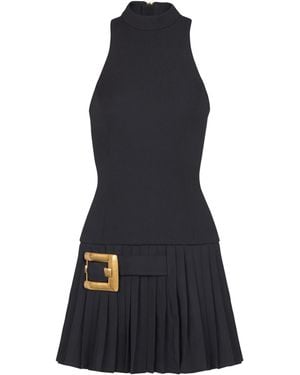 Balmain Flared Grain De Poudre Dress With Belt Detail - Blue