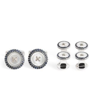 Tateossian Set Of 4 Rhodium-Plated Sapphire Button Cufflinks - White