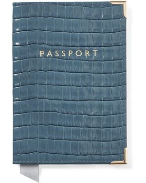 Aspinal of London Leather Croc-Embossed Passport Cover - Blue