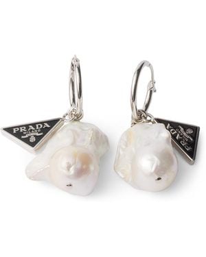 Prada Enamel And Pearl Triangle Hoop Earrings - White