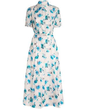 Tory Burch Silk Floral Midi Shirt Dress - Blue