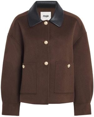 Maje Wool-Blend Leather-Collar Jacket - Brown