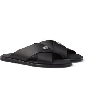 Prada Saffiano Leather Crossover Sandals - Black