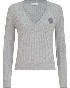 Brunello Cucinelli Cotton Ribbed V-Neck Sweater - Gray