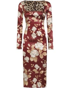 Dolce & Gabbana Satin Floral Midi Dress - Red