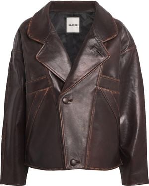 Sandro Double-Breasted Leather Jacket - Black