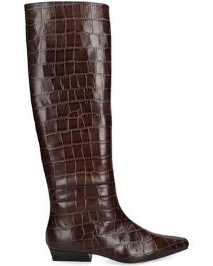 STAUD Croc-Effect Leather Wally Flat Boots - Brown