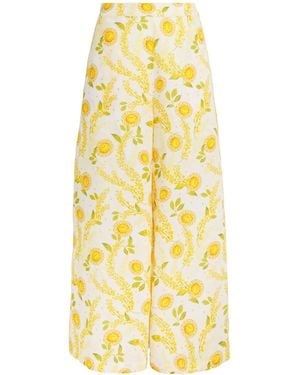 VERANDAH Linen-Cotton Floral Wide-Leg Trousers - Yellow
