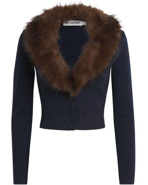 Self-Portrait Cropped Faux Fur-Trim Cardigan - Blue
