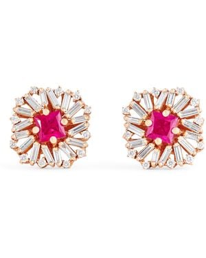Suzanne Kalan Diamond And Ruby Flower Stud Earrings - Red